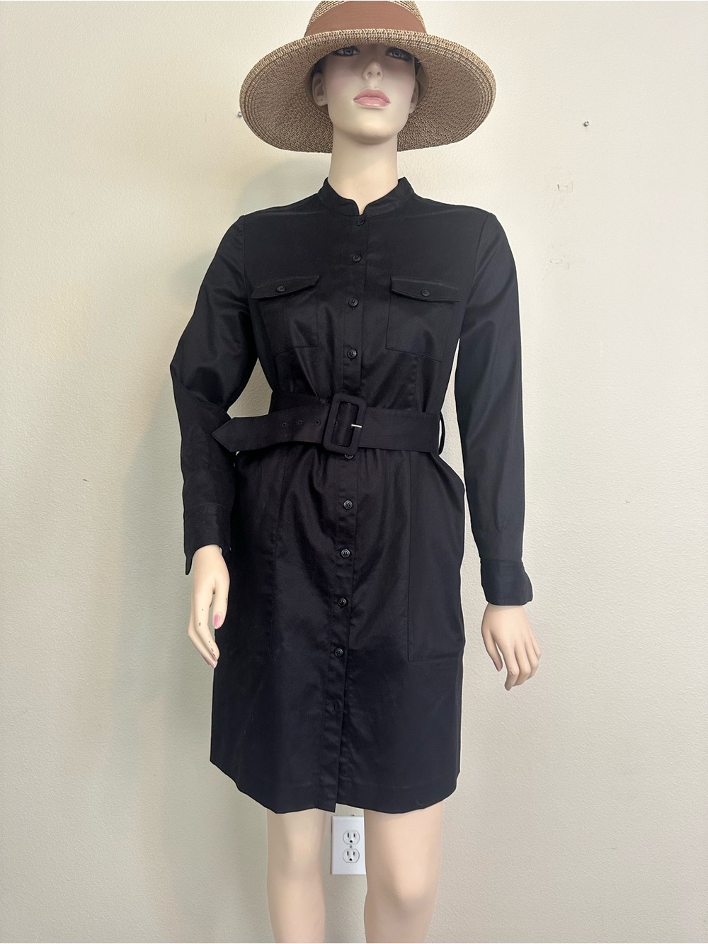 1901 Black Long-Sleeve Button Shirt Dress with Belt